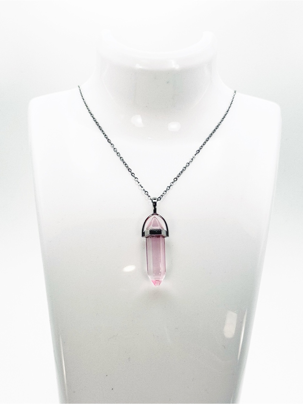 Pink Crystal Point Charm Pendant Necklace Silver Tone Cable Chain Metal